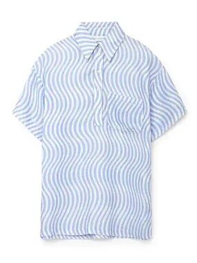 Ephemera 100% Linen Blue & White Wavy Stripe Short Sleeve Button-down  M/L